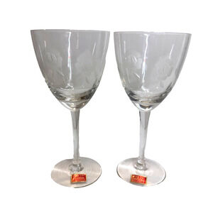 Fine Vintage Long Stemed Wine Glasses From Bulgaria HandCut Crystal Etched Rose